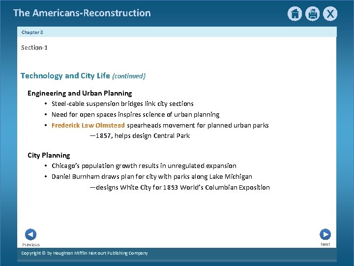 The Americans-Reconstruction Chapter 8 Section-1 Technology and City Life {continued} Engineering and Urban Planning