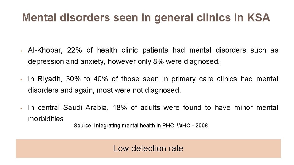 Mental disorders seen in general clinics in KSA • Al-Khobar, 22% of health clinic