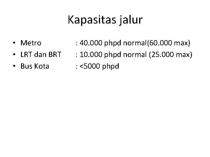 Kapasitas jalur • Metro • LRT dan BRT • Bus Kota : 40. 000