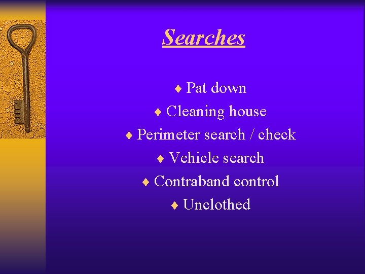Searches ¨ Pat down ¨ Cleaning house ¨ Perimeter search / check ¨ Vehicle