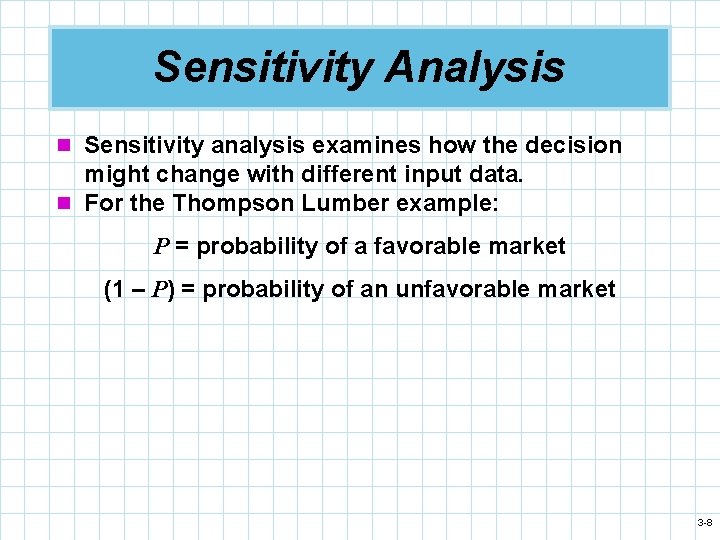 Sensitivity Analysis n Sensitivity analysis examines how the decision might change with different input