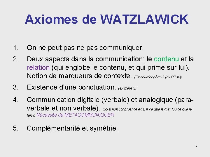 Axiomes de WATZLAWICK 1. On ne peut pas ne pas communiquer. 2. Deux aspects