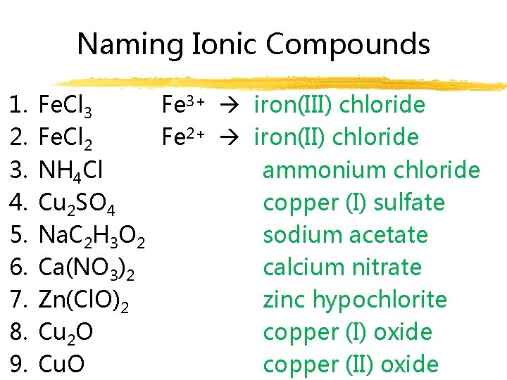 Naming Ionic Compounds 1. 2. 3. 4. 5. 6. 7. 8. 9. Fe. Cl