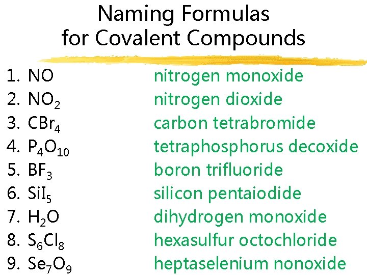 Naming Formulas for Covalent Compounds 1. 2. 3. 4. 5. 6. 7. 8. 9.
