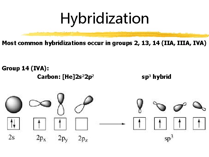 Hybridization Most common hybridizations occur in groups 2, 13, 14 (IIA, IVA) Group 14