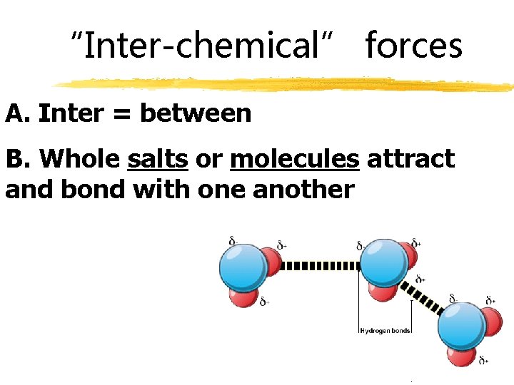 “Inter-chemical” forces A. Inter = between B. Whole salts or molecules attract and bond