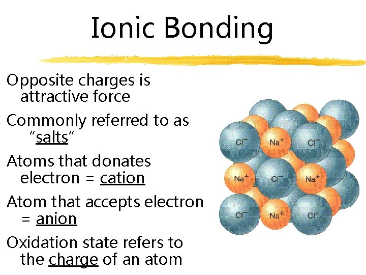 Ionic Bonding Opposite charges is attractive force Commonly referred to as “salts” Atoms that