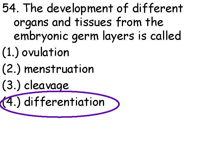 54. The development of different organs and tissues from the embryonic germ layers is