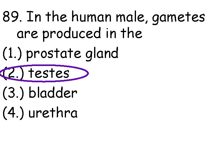 89. In the human male, gametes are produced in the (1. ) prostate gland