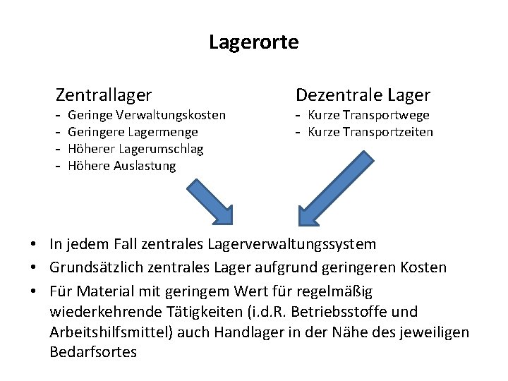 Lagerorte Zentrallager - Geringe Verwaltungskosten Geringere Lagermenge Höherer Lagerumschlag Höhere Auslastung Dezentrale Lager - Lagerorte Zentrallager - Geringe Verwaltungskosten Geringere Lagermenge Höherer Lagerumschlag Höhere Auslastung Dezentrale Lager -