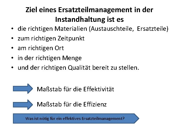 Ziel eines Ersatzteilmanagement in der Instandhaltung ist es • • • die richtigen Materialien Ziel eines Ersatzteilmanagement in der Instandhaltung ist es • • • die richtigen Materialien