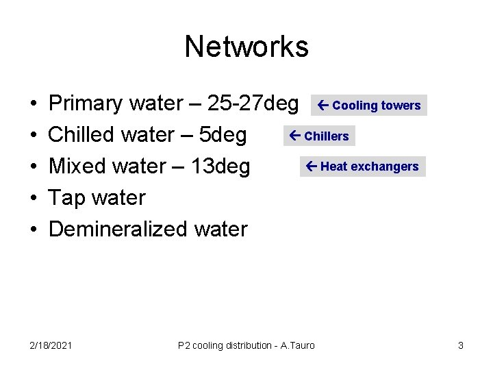 Networks • • • Primary water – 25 -27 deg Cooling towers Chillers Chilled