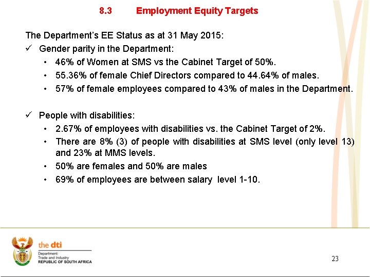 8. 3 Employment Equity Targets The Department’s EE Status as at 31 May 2015: 8. 3 Employment Equity Targets The Department’s EE Status as at 31 May 2015: