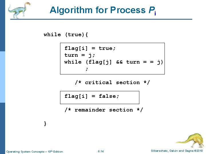 Algorithm for Process Pi while (true){ flag[i] = true; turn = j; while (flag[j]