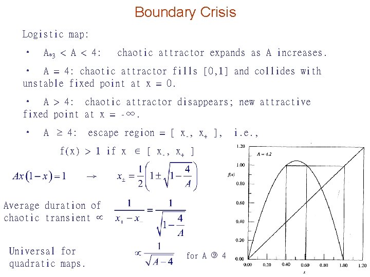 Boundary Crisis Logistic map: • A*3 < A < 4: chaotic attractor expands as