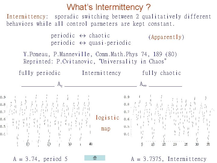 What’s Intermittency ? Intermittency: sporadic switching between 2 qualitatively different behaviors while all control