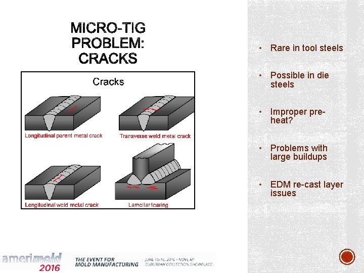  • Rare in tool steels • Possible in die steels • Improper preheat?