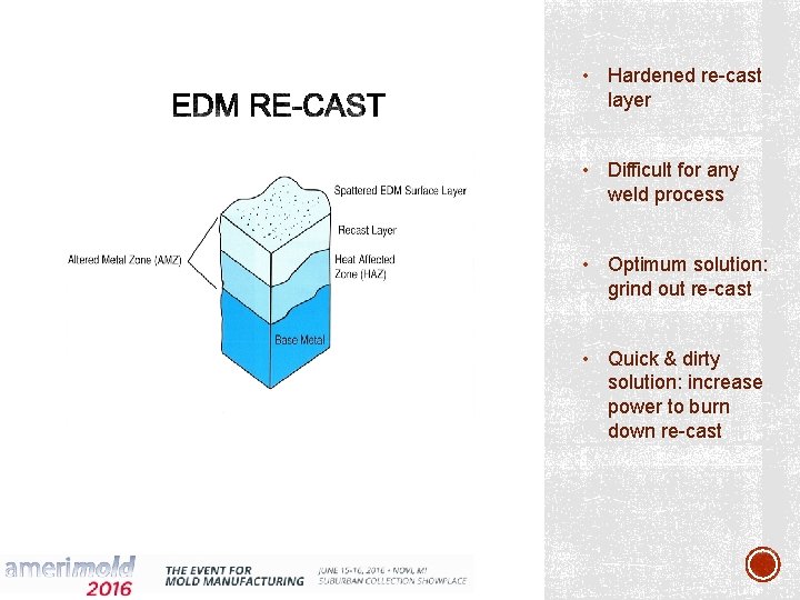  • Hardened re-cast layer • Difficult for any weld process • Optimum solution: