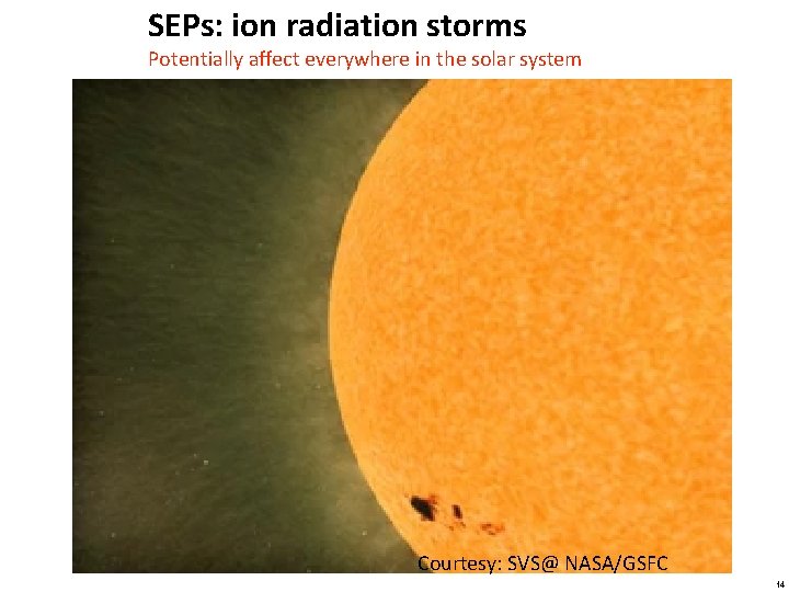 SEPs: ion radiation storms Potentially affect everywhere in the solar system Courtesy: SVS@ NASA/GSFC