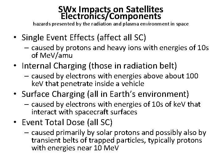 SWx Impacts on Satellites Electronics/Components hazards presented by the radiation and plasma environment in