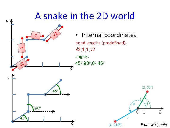 A snake in the 2 D world x 1 • Internal coordinates: √ 2