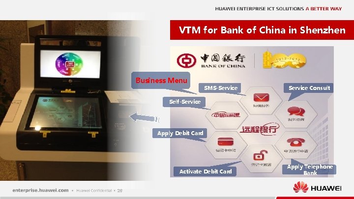 VTM for Bank of China in Shenzhen Business Menu SMS-Service Consult Self-Service Apply Debit