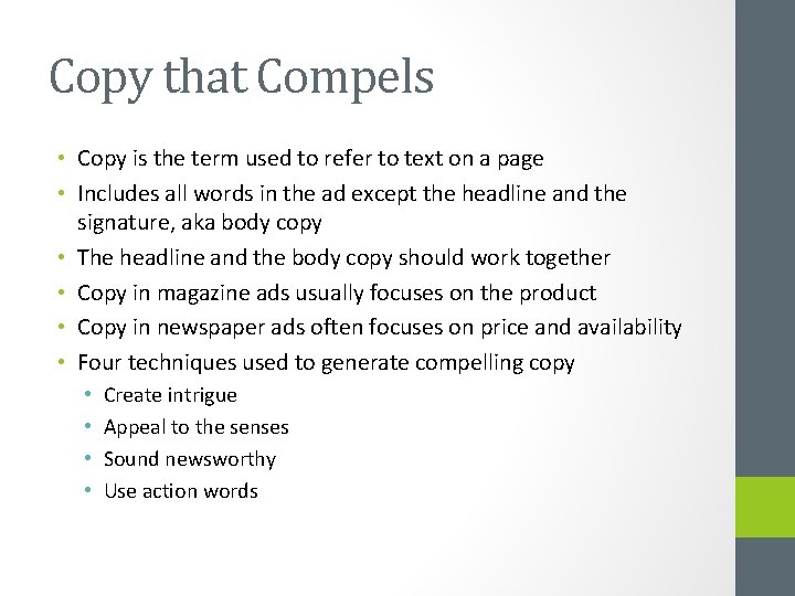 Copy that Compels • Copy is the term used to refer to text on