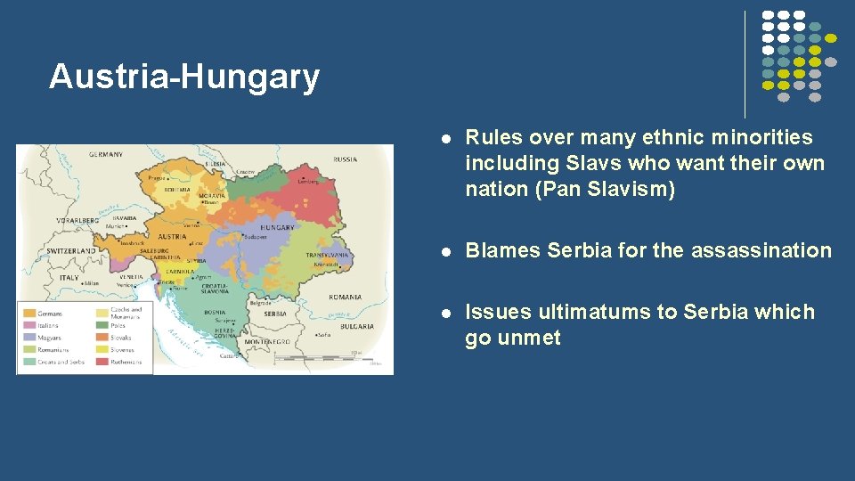 Austria-Hungary l Rules over many ethnic minorities including Slavs who want their own nation