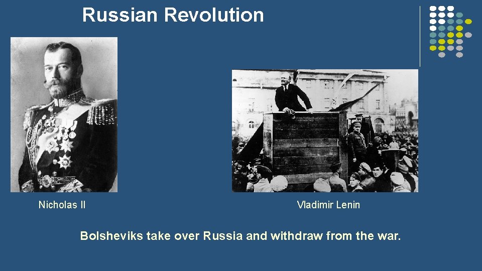 Russian Revolution Nicholas II Vladimir Lenin Bolsheviks take over Russia and withdraw from the