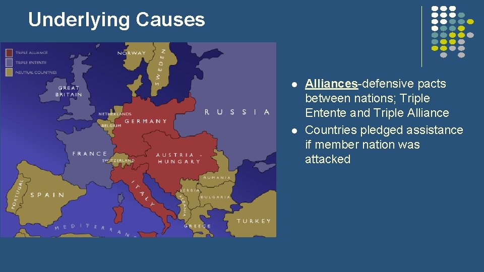 Underlying Causes l l Alliances-defensive pacts between nations; Triple Entente and Triple Alliance Countries