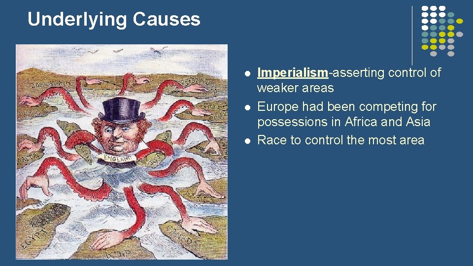 Underlying Causes l l l Imperialism-asserting control of weaker areas Europe had been competing