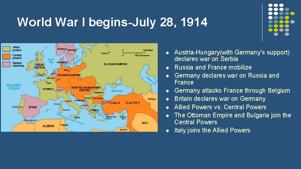 World War I begins-July 28, 1914 l l l l Austria-Hungary(with Germany’s support) declares