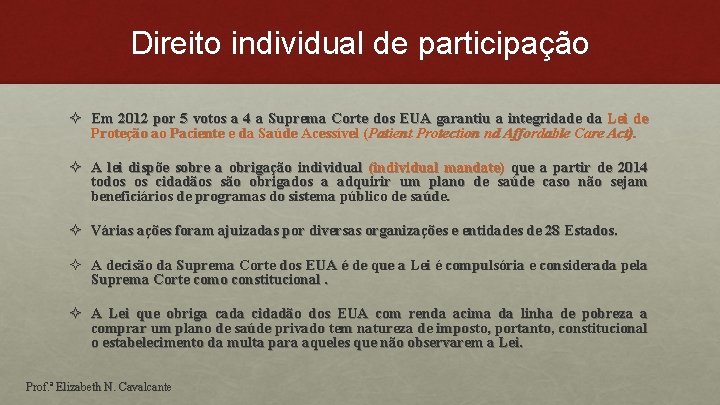 Direito individual de participação ² Em 2012 por 5 votos a 4 a Suprema