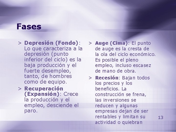 Fases > Depresión (Fondo): Lo que caracteriza a la depresión (punto inferior del ciclo) Fases > Depresión (Fondo): Lo que caracteriza a la depresión (punto inferior del ciclo)
