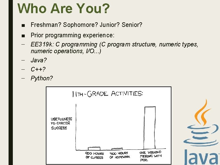 Who Are You? ■ Freshman? Sophomore? Junior? Senior? ■ Prior programming experience: – EE