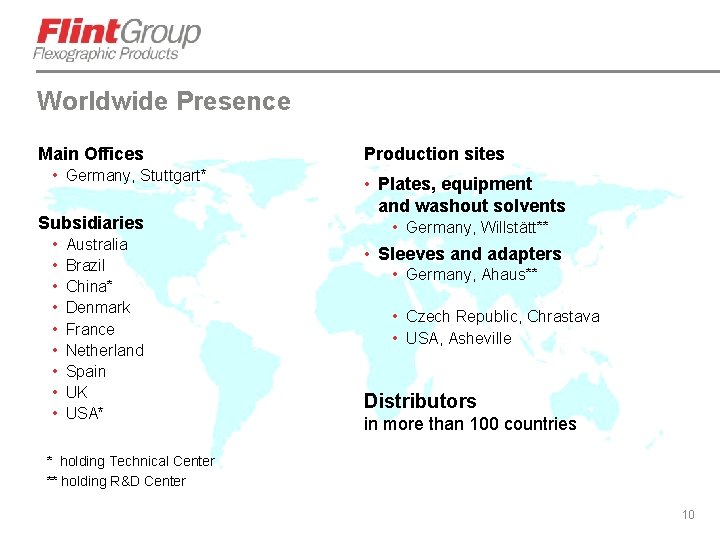 Worldwide Presence Main Offices • Germany, Stuttgart* Subsidiaries • • • Australia Brazil China*