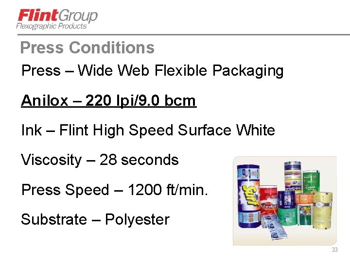 Press Conditions Press – Wide Web Flexible Packaging Anilox – 220 lpi/9. 0 bcm