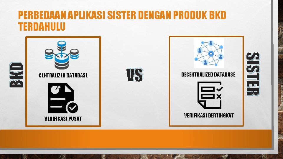 CENTRALIZED DATABASE VERIFIKASI PUSAT VS DECENTRALIZED DATABASE VERIFIKASI BERTINGKAT SISTER BKD PERBEDAAN APLIKASI SISTER