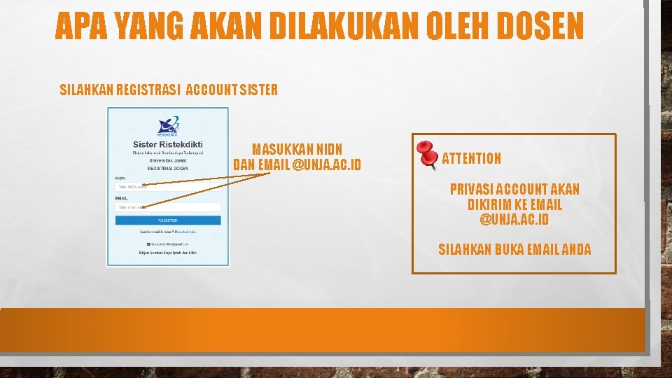 APA YANG AKAN DILAKUKAN OLEH DOSEN SILAHKAN REGISTRASI ACCOUNT SISTER MASUKKAN NIDN DAN EMAIL