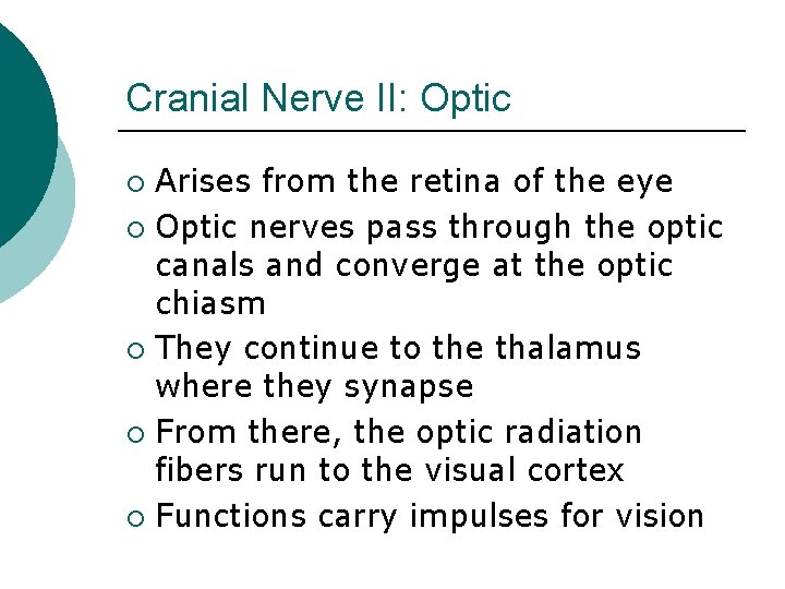 Cranial Nerve II: Optic Arises from the retina of the eye ¡ Optic nerves