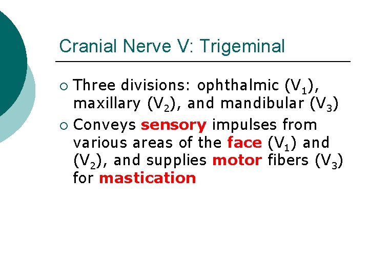 Cranial Nerve V: Trigeminal Three divisions: ophthalmic (V 1), maxillary (V 2), and mandibular