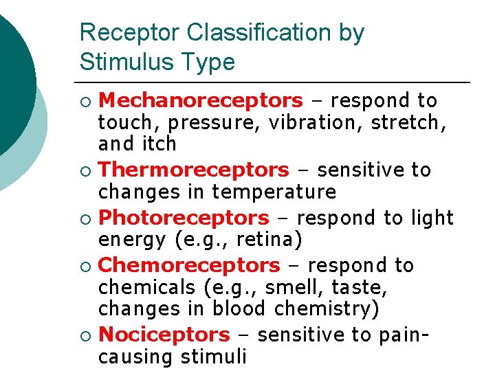 Receptor Classification by Stimulus Type Mechanoreceptors – respond to touch, pressure, vibration, stretch, and