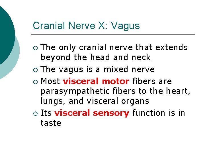 Cranial Nerve X: Vagus The only cranial nerve that extends beyond the head and