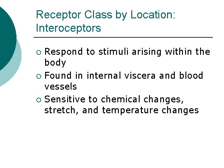 Receptor Class by Location: Interoceptors Respond to stimuli arising within the body ¡ Found