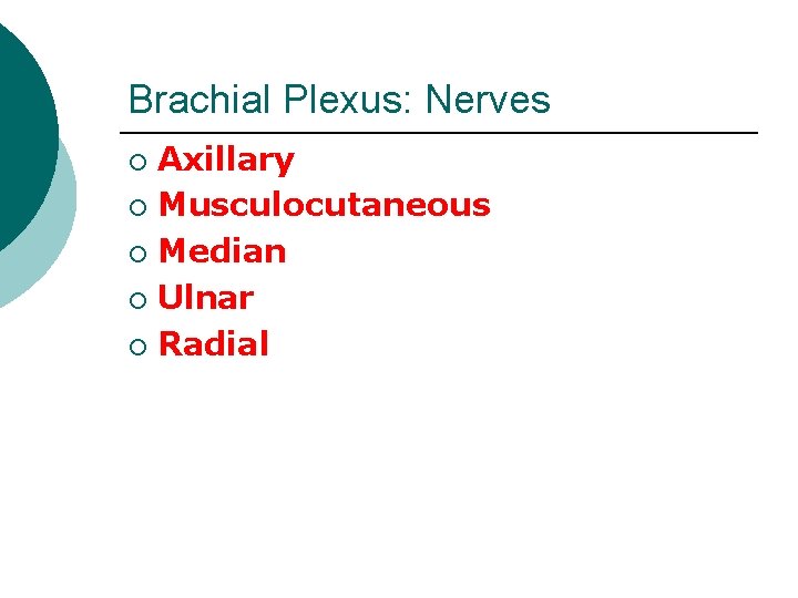 Brachial Plexus: Nerves Axillary ¡ Musculocutaneous ¡ Median ¡ Ulnar ¡ Radial ¡ 