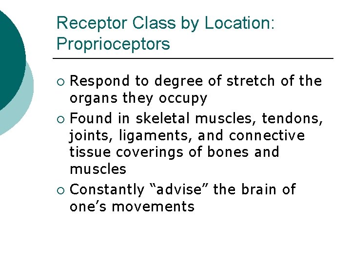 Receptor Class by Location: Proprioceptors Respond to degree of stretch of the organs they