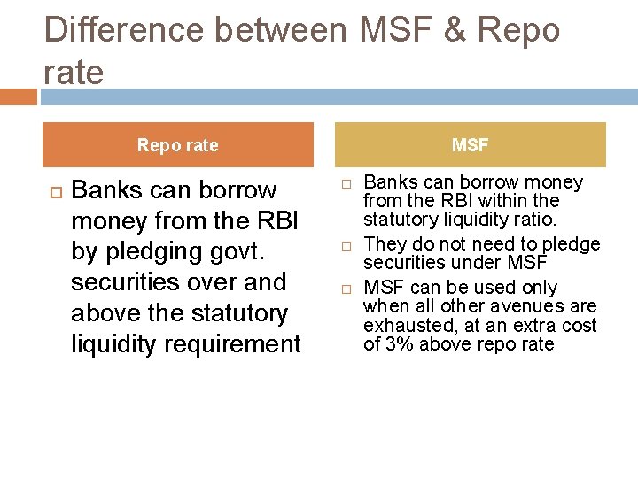 Difference between MSF & Repo rate Banks can borrow money from the RBI by