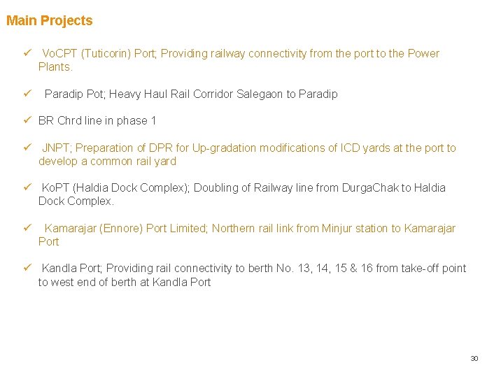 Main Projects ü Vo. CPT (Tuticorin) Port; Providing railway connectivity from the port to Main Projects ü Vo. CPT (Tuticorin) Port; Providing railway connectivity from the port to