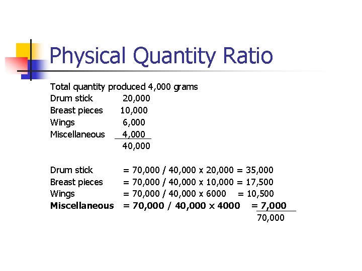 Physical Quantity Ratio Total quantity produced 4, 000 grams Drum stick 20, 000 Breast