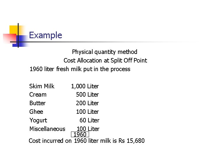 Example Physical quantity method Cost Allocation at Split Off Point 1960 liter fresh milk